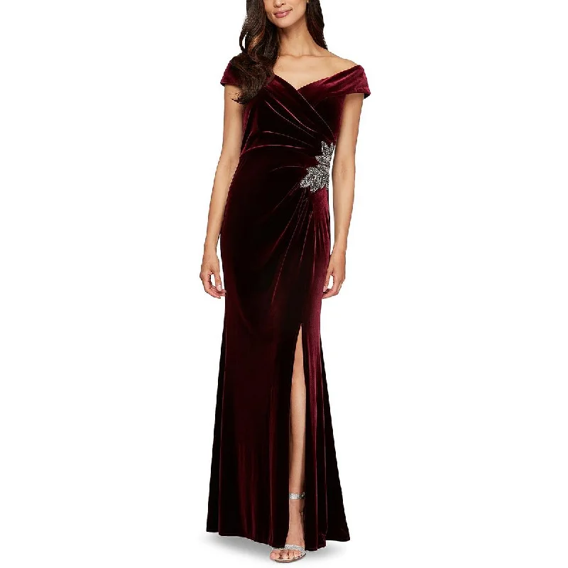 Cocktail DressAlex Evenings Womens Velvet Off-The-Shoulder Evening Dress