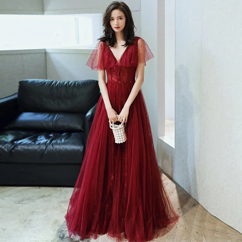 Tulle DressBurgundy tulle long prom dress evening dress  8232