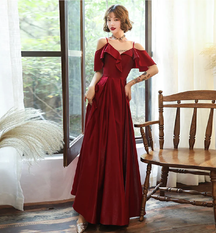 women's short-sleeved dressesBurgundy satin prom dress simple evening dress  8379