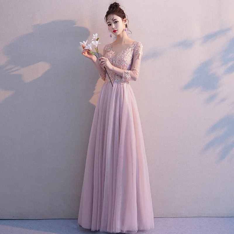 women's apple-shaped body dressesPink long sleeve lace prom dress evening dress  8374