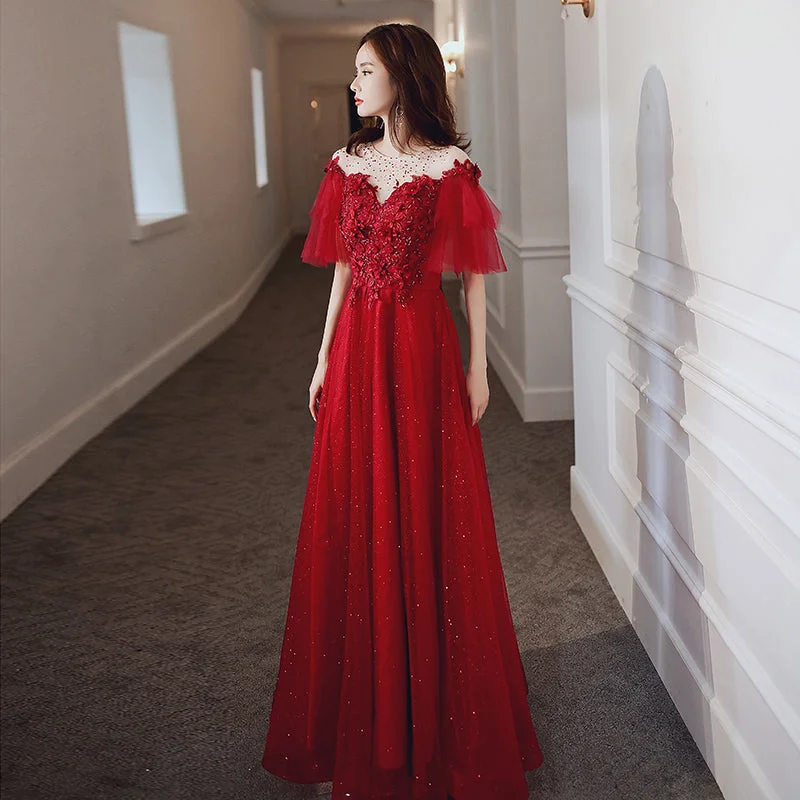 Crepe DressRed tulle lace long prom dress red evening dress  8231