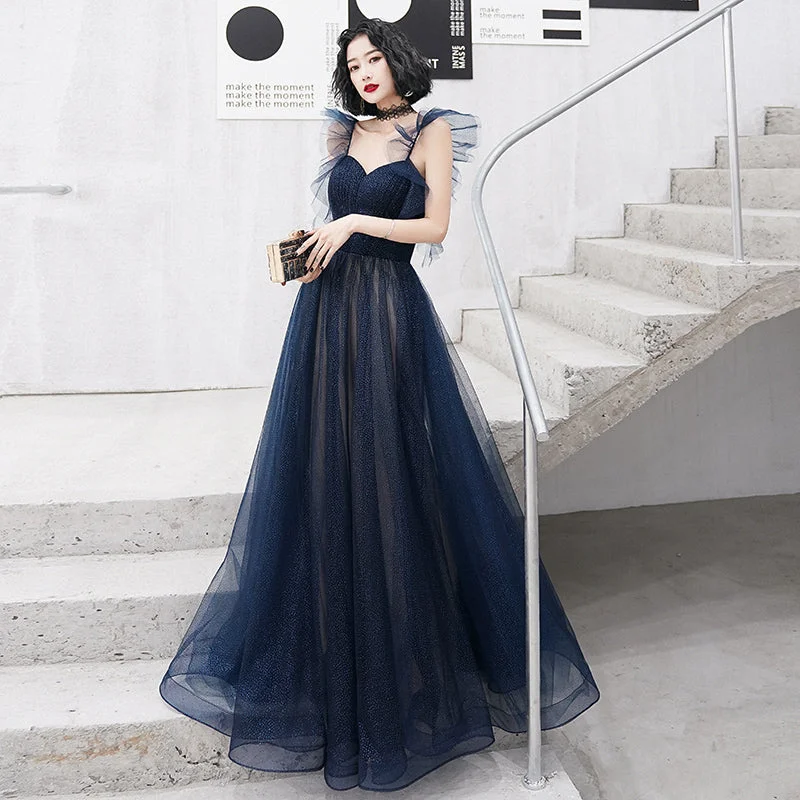 Denim DressBlue tulle long prom dress blue evening dress  8226