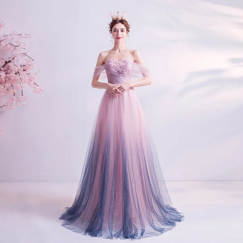 A-Line DressPink tulle sequins long prom dress evening dress  8249