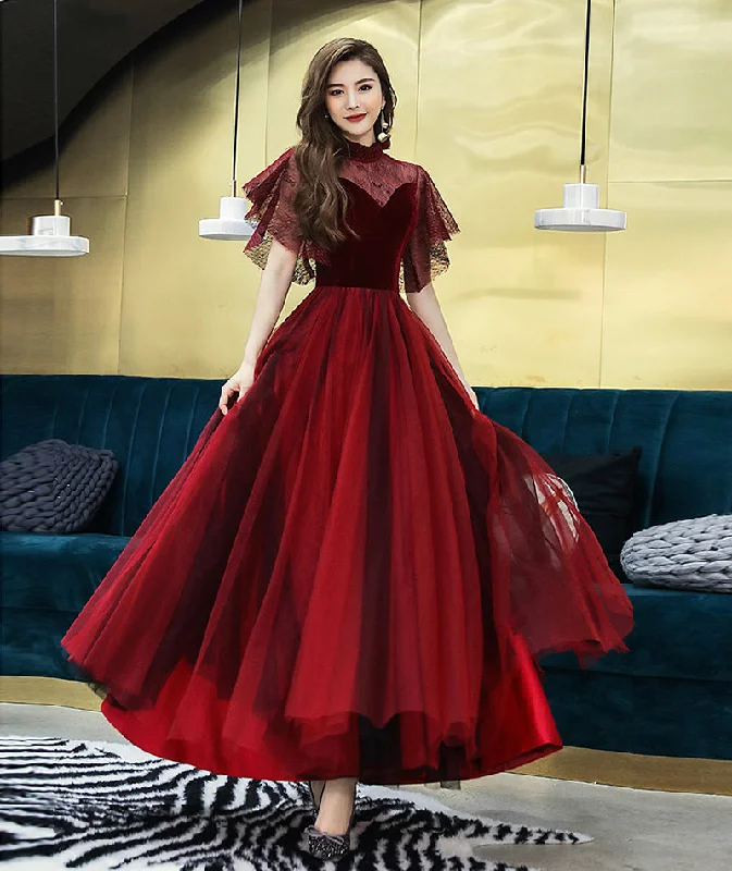 women's one-shoulder dressesBurgundy velvet tulle prom dress burgundy evening dress  8380