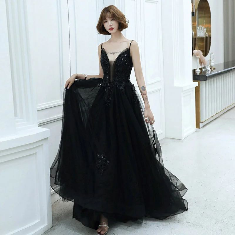 Cut-Out DressBlack v neck tulle beads long prom dress evening dress  8213