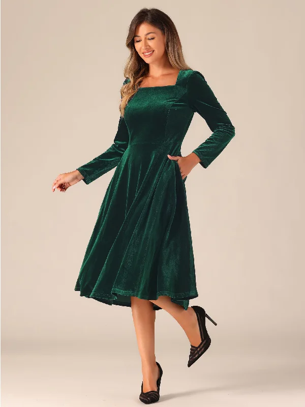 women's fair-trade dressesPocketed Long Sleeve Velvet Square Neck Midi A-Line Dress