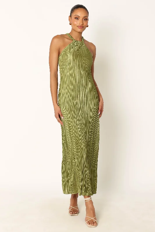 women's bespoke dressesMelody Plisse Halter Maxi Dress - Olive