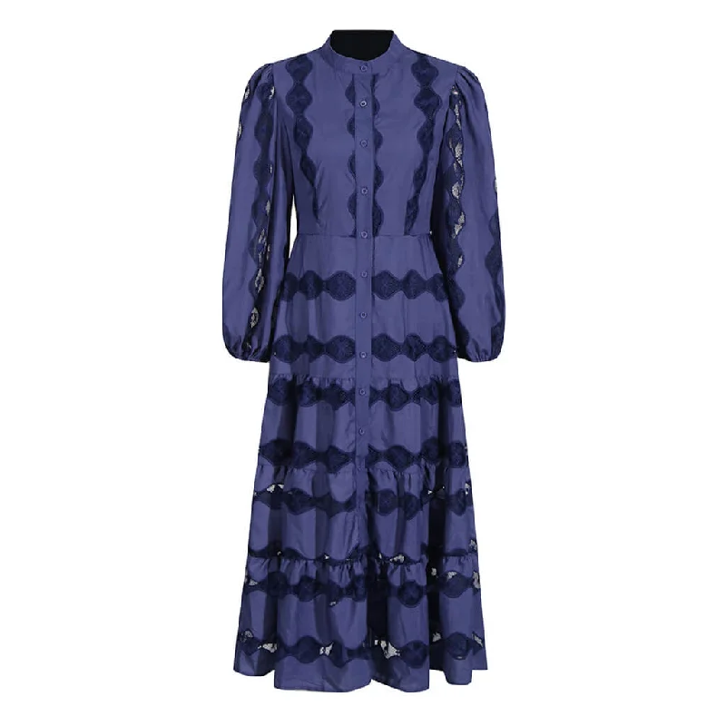 women's luxury dressesRegal High Neck Blouson Sleeve Button Down Floral Embroidered Midi Dress