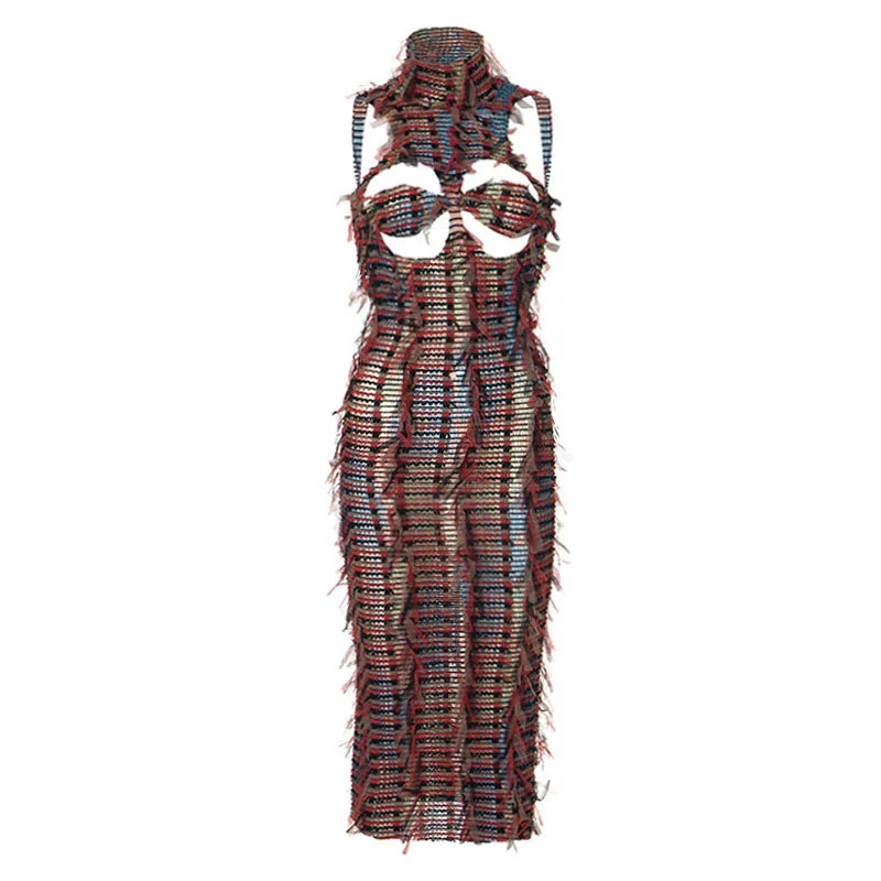 Cheetah Print DressJungle Cutout Bra Backless Smocked Bodycon Fringe Sheer Mesh Midi Dress