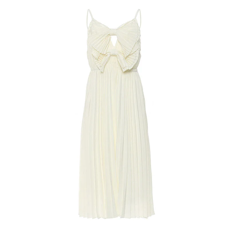 women's wrinkle-resistant dressesCute V Neck Big Dual Bow Spaghetti Strap Pleated Midi Chiffon Slip Dress