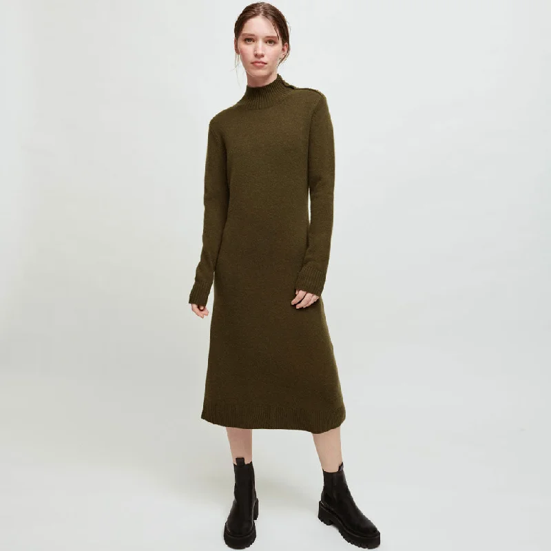 Tea-Length DressChic Long Sleeve Button Trim High Neck Midi Sweater Dress - Army Green