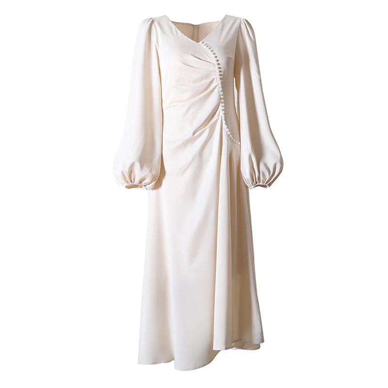 Trumpet DressElegant Imitation Pearl Beaded Ruched V Neck Puff Sleeve Midi Satin Dress