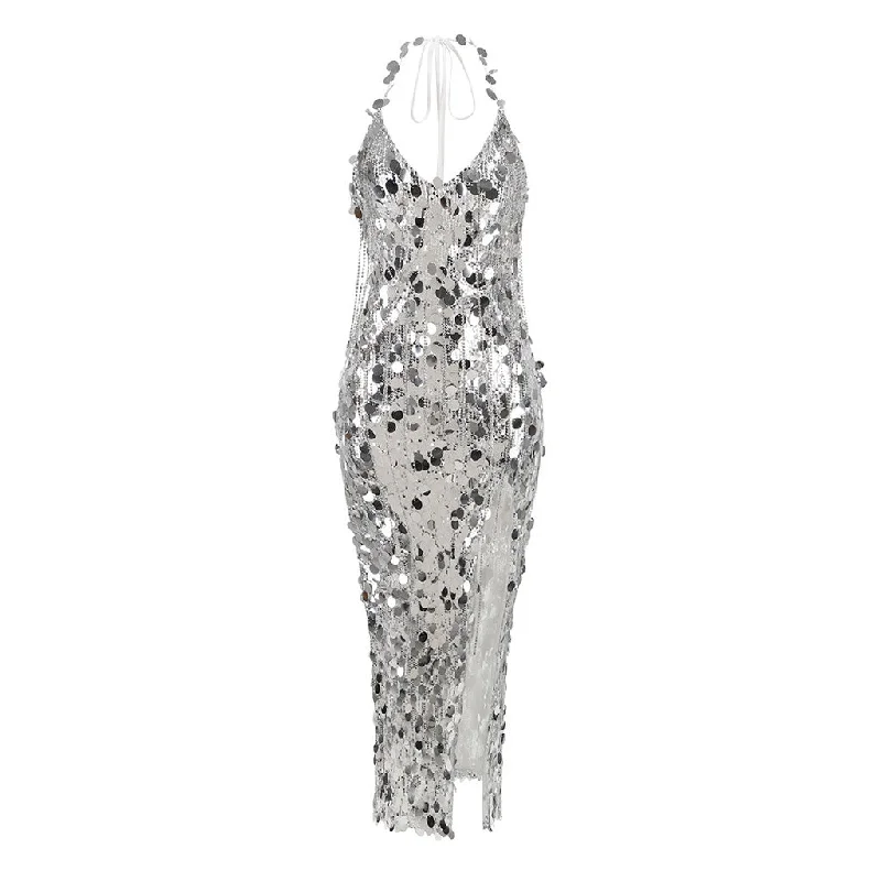 women's maximalist dressesShimmering Halter Crystal Fringe Sequin Embellished Split Midi Cocktail Dress