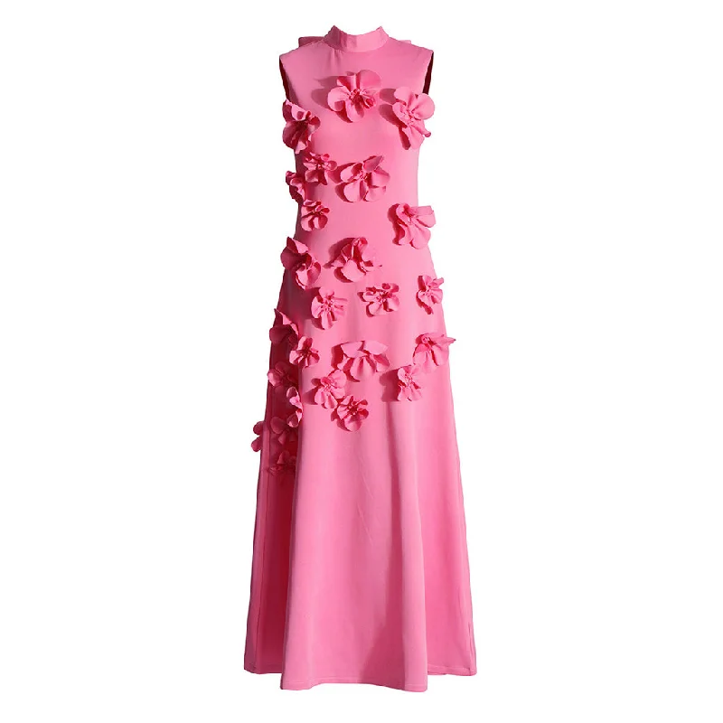 Halter DressElegant Mock Neck Bow Tie Back Sleeveless A Line Rosette Midi Dress