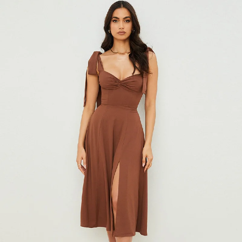 Velvet DressVintage Bow Tie Fit & Flare High Slit Midi Sundress - Coffee