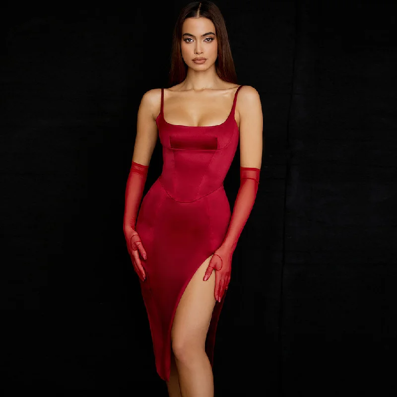 Chiffon DressSilky Satin Square Neck High Slit Cocktail Party Midi Dress - Burgundy