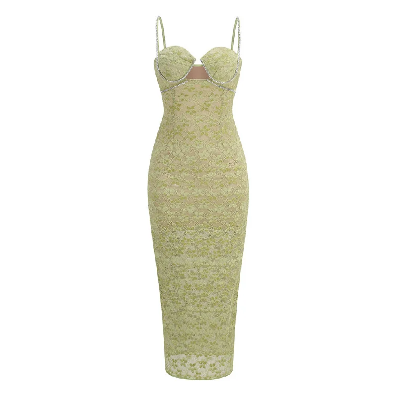 Laced-Up DressSexy Rhinestone Bustier Cut Out Split Bodycon Sleeveless Lace Midi Dress