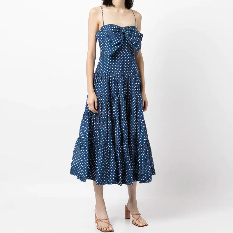 Sheath DressAdorable Polka Dot Bow Trim A-Line Slip Midi Dress - Blue