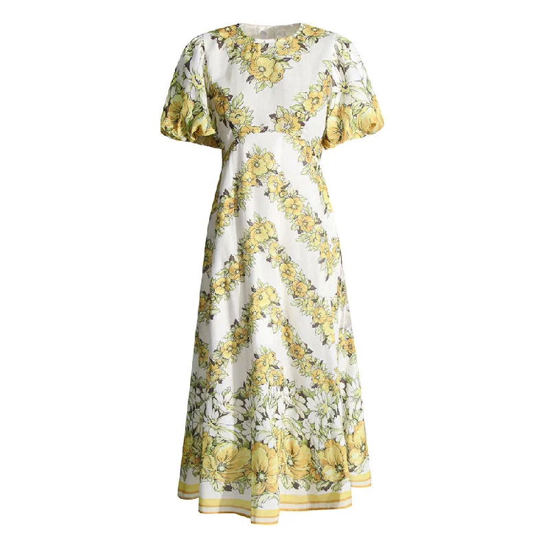 women's handmade dressesVintage Crew Neck Puff Sleeve Empire Waist Summer Floral Print Midi Dress