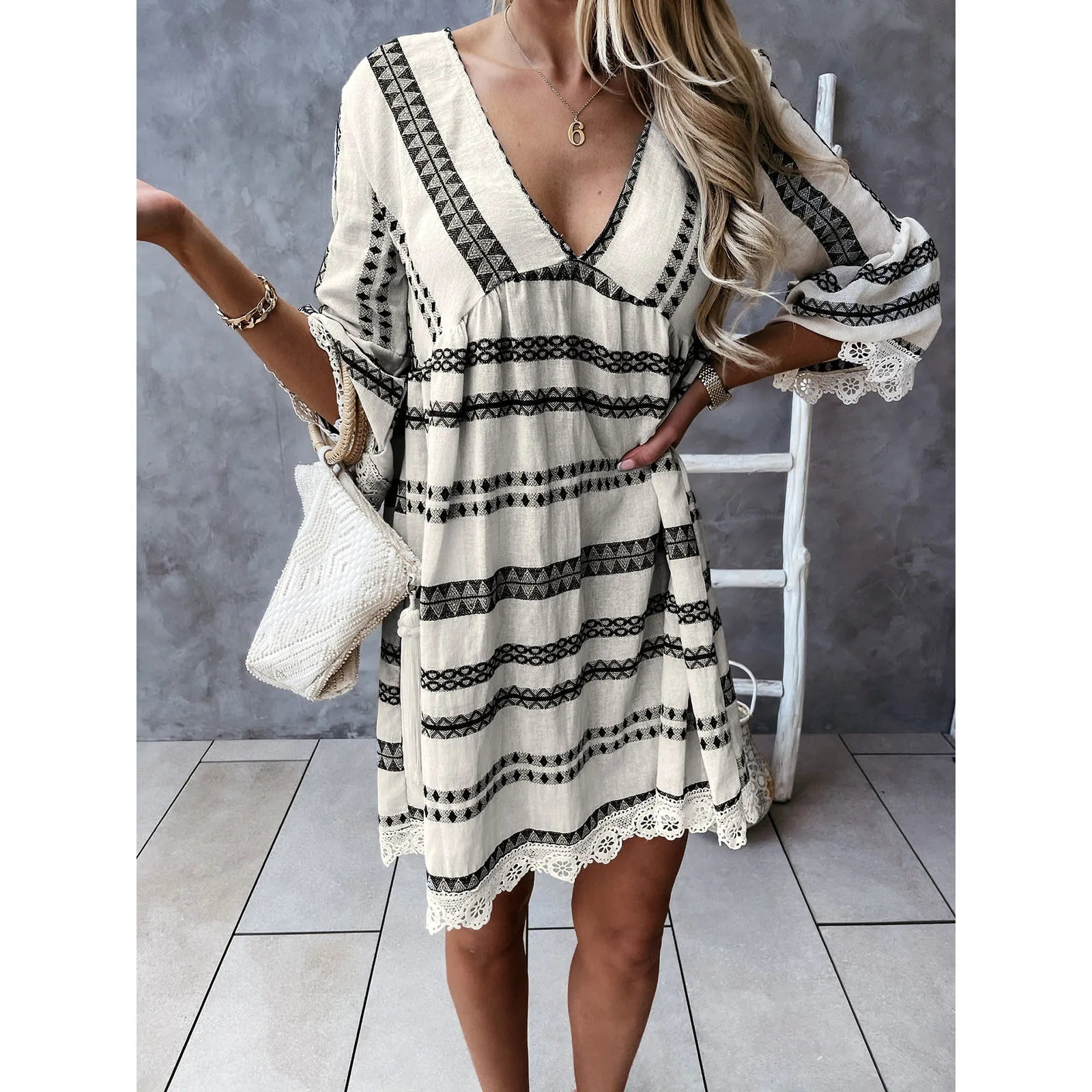 women's checkered dressesJuliaFashion - Boho Women Lace Hem 2024 Lace Tassels Deep V-Neck Long Sleeve Printed Mini Women Spring Summer Casual Party Dress