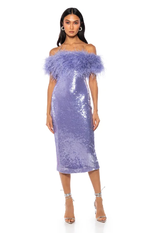 Cocktail DressLOLO FEATHER DETAIL SEQUIN MAXI DRESS IN PURPLE