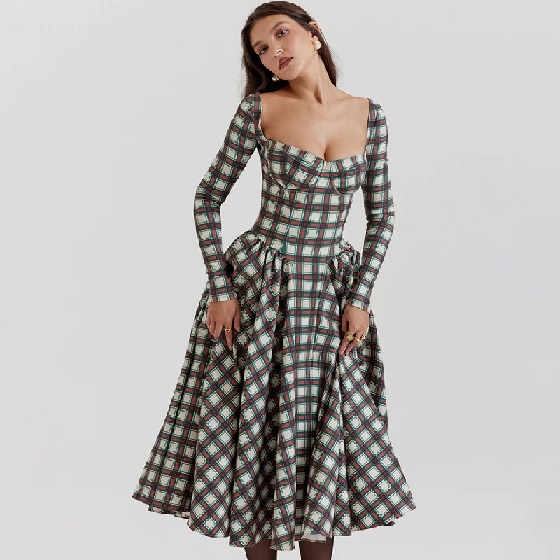 High-Neck DressVintage Bustier Tartan Pattern Pleated Winter Long Sleeve Midi Dress