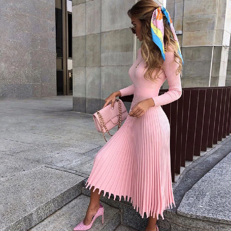 women's cold-shoulder dressesRibbed Long Sleeve High Neck Knit Pleated Midi Sweater Dress - Pink