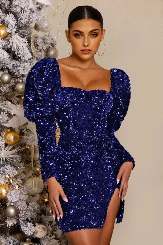 Statement DressJuliaFashion - 2024  Solid Sequins Square Neck Puff Sleeve Club Mini Dress