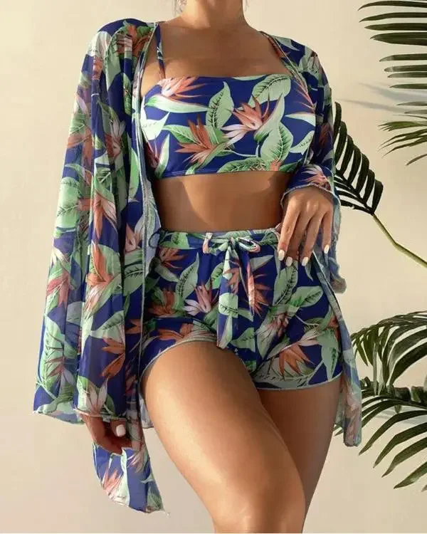 Fashionable Female Swimwear3PCS Tropical Print Bikini Set With Cover Up