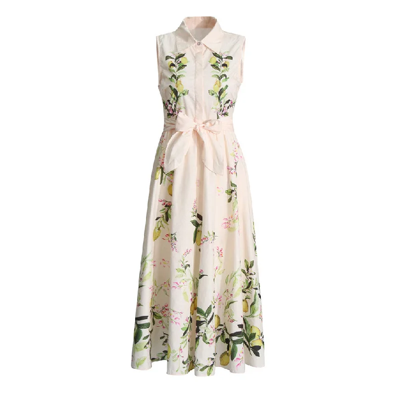 Tulle DressElegant Fruit Printed Folded Collar Button Up Sleeveless Tie Belt Midi Dress