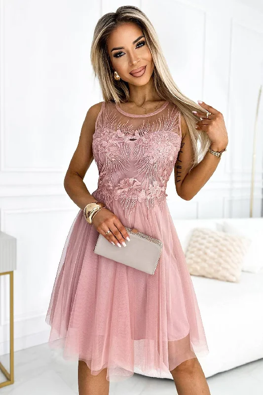 Pearl DressNumoco Basic 522-1 CATERINA Feminine dress with guipure and delicate tulle - powder pink