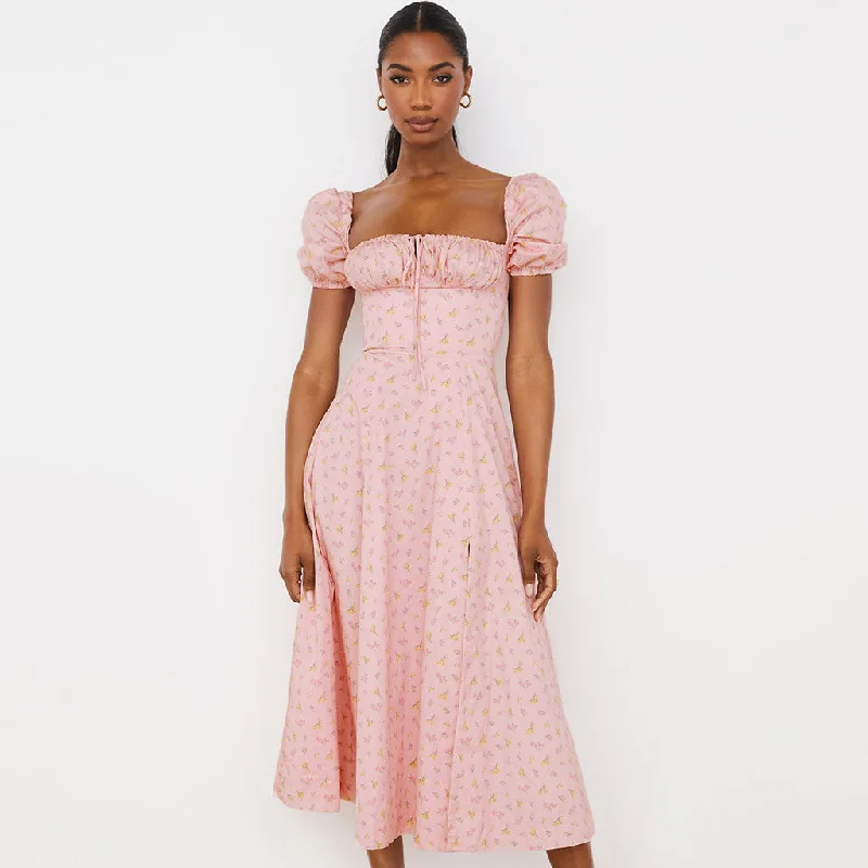 women's boho dressesSquare Neck Tie Front High Slit Puff Sleeve Midi Floral Dress - Pink