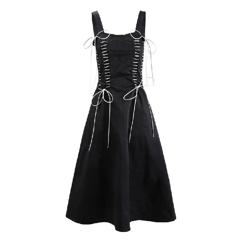 Evening DressVintage Contrast Stitch Lace Up Bow Tie Bustier A Line Midi Sundress