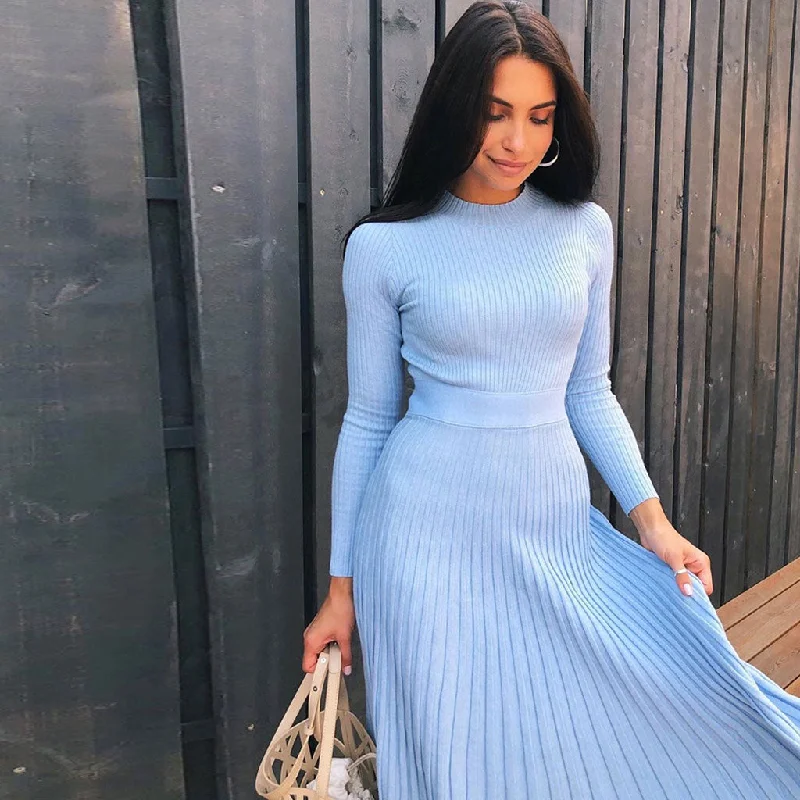 women's stretch dressesRibbed Long Sleeve High Neck Knit Pleated Midi Sweater Dress - Blue