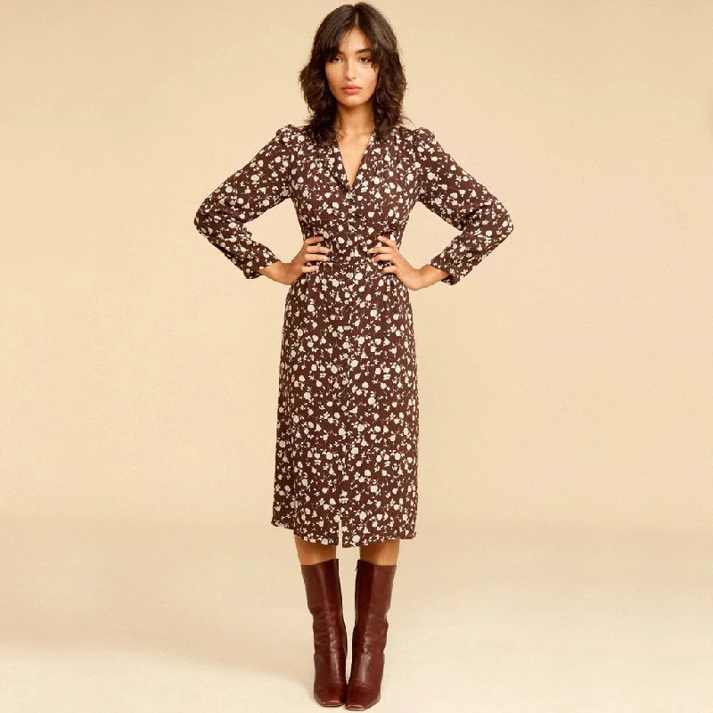 women's pear-shaped body dressesVintage Long Sleeve Button Front V Neck Midi Floral Dress - Coffee