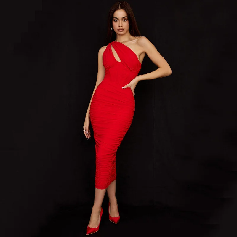 women's vacation dressesAsymmetric One Shoulder Cutout Ruched Corset Mesh Midi Dress - Red