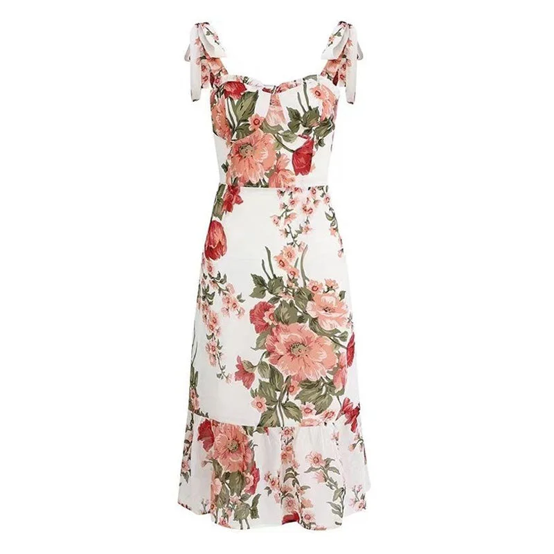 Pastel DressSexy Bloom Floral Print Ruffle Sweetheart Neck High Waist Tie Shoulder Flowy Midi Sundress