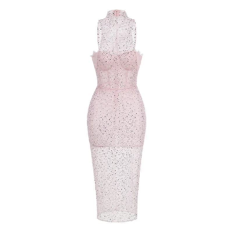 Flutter-Sleeve DressSweet High Neck Bustier Sleeveless Sheer Rhinestone Mesh Midi Dress