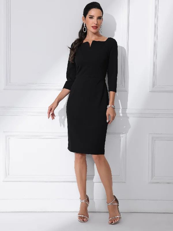 women's lightweight dressesNotch Neck 3/4 Sleeve Work Office Business Midi Sheath Dress