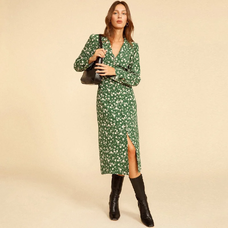 women's custom dressesVintage Long Sleeve Button Front V Neck Midi Floral Dress - Green