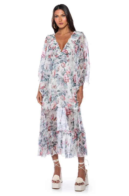 women's flutter-sleeved dressesWHAT A TIME FLORAL MAXI DRESS