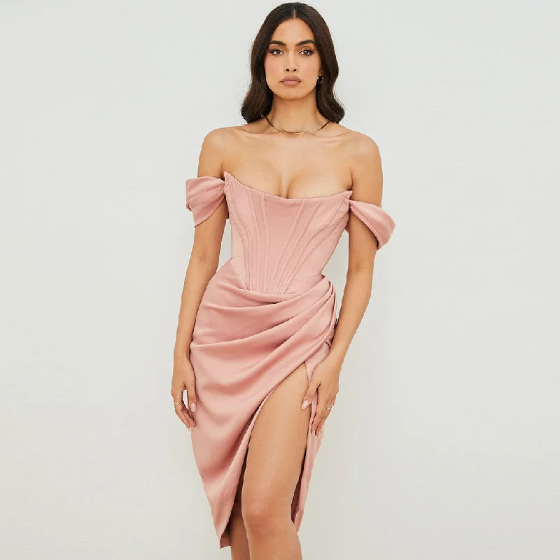 women's designer dressesSilky Satin Off Shoulder High Slit Drape Corset Midi Dress - Pink