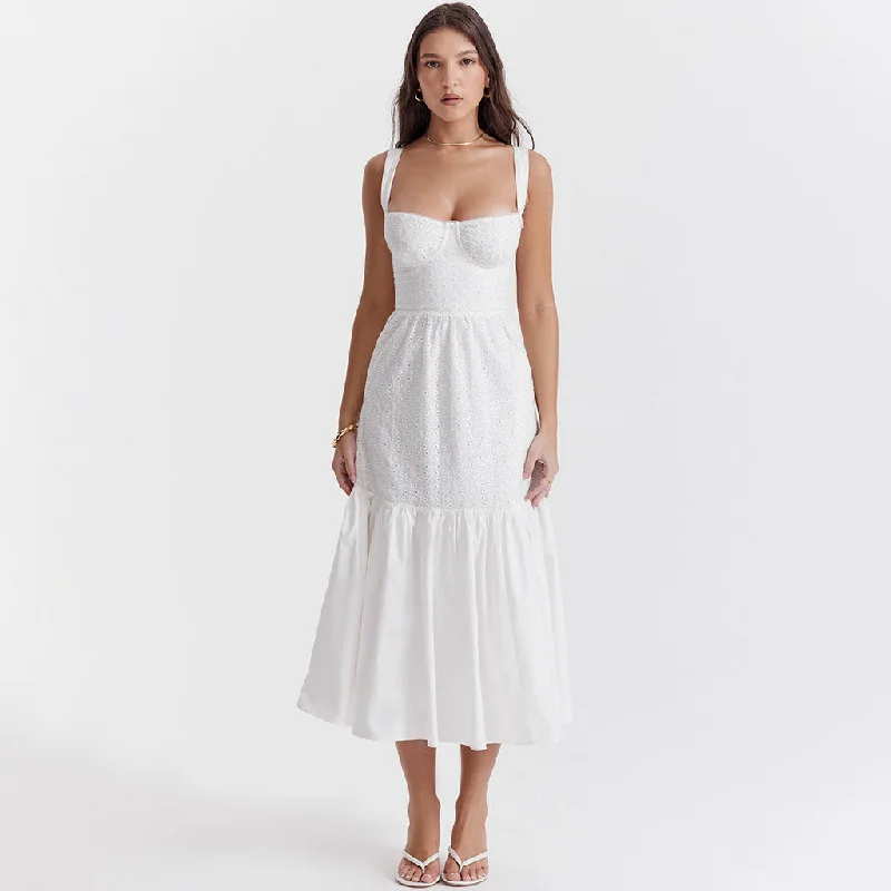 Tea-Length DressFloaty Sweetheart Neck Pocket Side Fit & Flare Broderie Anglaise Midi Sundress