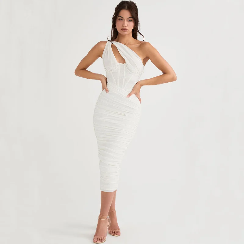 women's minimalist dressesAsymmetric One Shoulder Cutout Ruched Corset Mesh Midi Dress - White