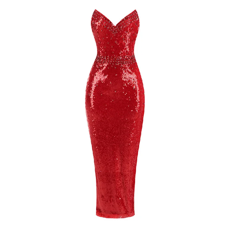 women's shift dressesGlitter Strapless Crystal & Sequin Embellished Sheath Midi Cocktail Dress