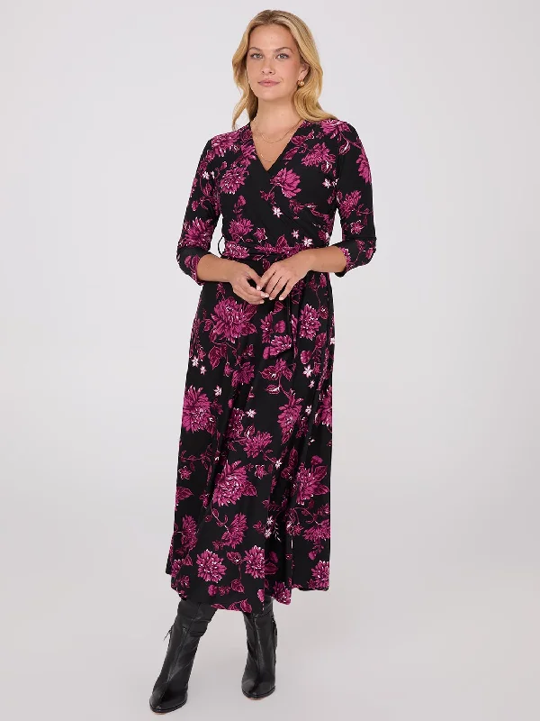 Long-Sleeve DressFloral Print Crossover A-Line Maxi Dress