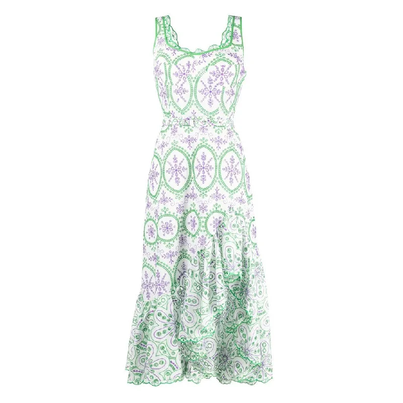 Beaded DressBohemian Floral Broderie Anglaise Asymmetric Hem Square Neck Belted Midi Sundress