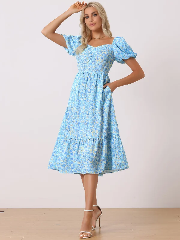 women's vintage dressesFloral Puff Short Sleeve A-Line Casual midi Dress