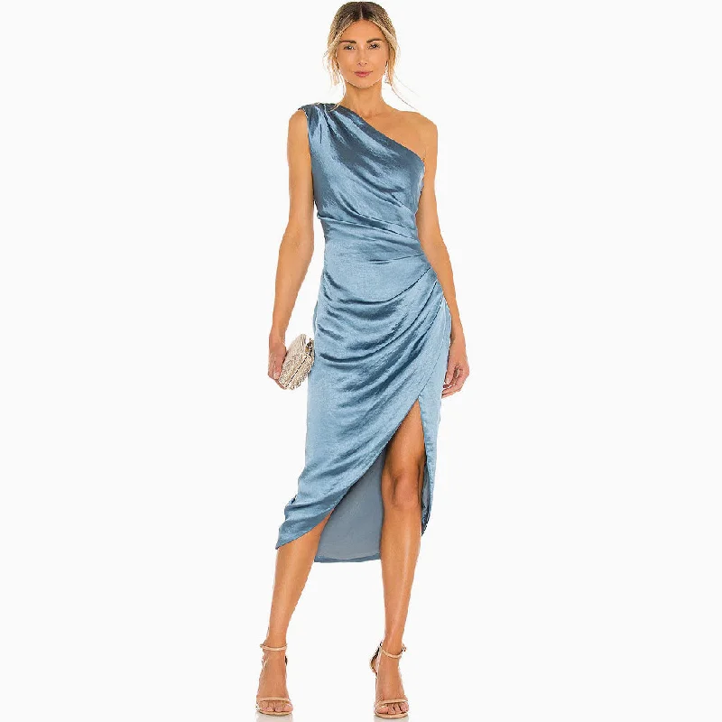 women's high-low dressesSilky High Slit Ruched One Shoulder Satin Cocktail Midi Dress - Blue