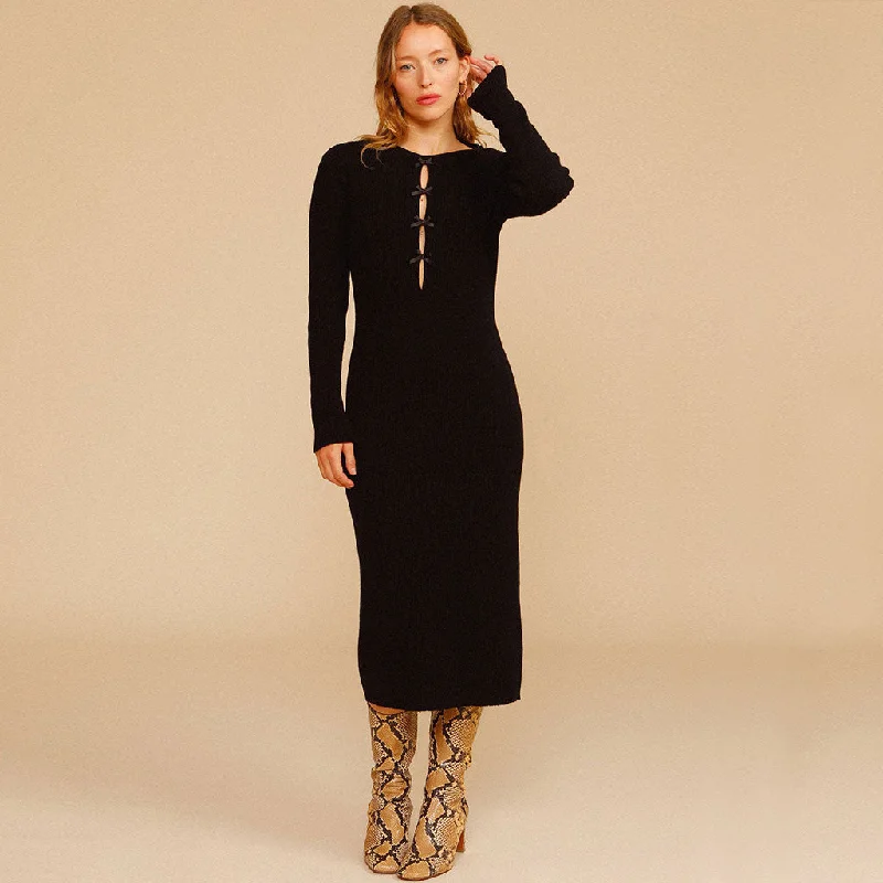 Off-The-Shoulder DressBowknot Trim Cutout Long Sleeve Rib Knit Midi Sweater Dress - Black